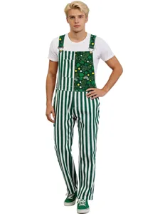 St. Patrick's Day green white striped overalls costume for men, festive cosplay outfit.