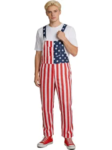 Men patriotic American flag overalls costume with white tee for Independence Day party.
