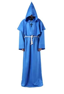 Medieval monk robe cosplay costume with pointed hood belt and cross necklace for Halloween.