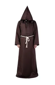 Medieval monk robe costume with hood and rope belt for Halloween party and cosplay events.