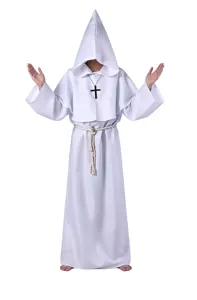 White medieval monk robe cosplay costume with pointed hood and cross necklace for Halloween.