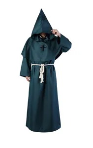 Medieval monk robe cosplay costume with pointed hood, white rope belt and cross necklace.