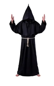 Medieval monk robe costume with pointy hood and rope belt for Halloween cosplay performance party.