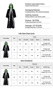 Tabla de tallas de disfraz de alienígena y especificaciones detalladas para cosplay.