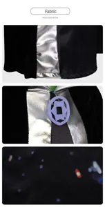 Vista detallada del disfraz de alien con tela de terciopelo, paneles plateados y insignia.