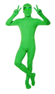 Detalle de body de cosplay de alienígena verde con tela elástica y máscara divertida.