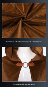 Medieval retro hooded cloak costume suede cape with metal ring buckle for cosplay party.