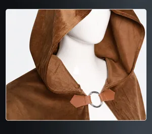 Medieval vintage brown hooded cloak suede cape costume detail shot for cosplay events