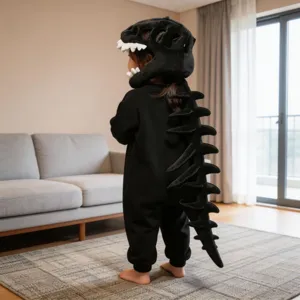 Kids black dinosaur skeleton costume plush jumpsuit with headpiece for Halloween cosplay party