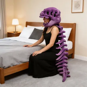 Wearable purple dinosaur skeleton plush costume detail featuring unique headpiece and long spine.
