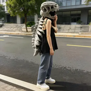 Plush dinosaur skull headpiece with spine wearable costume for Halloween cosplay parties.