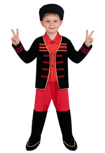 Kinder traditionelles Leistungskostüm Detail mit rotem Hemd und schwarzer Jacke für Party.