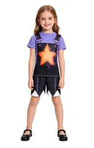 Close up details of children short sleeve cosplay set featuring purple top and shorts.