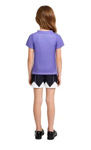 Kids cosplay short sleeve set with purple top and black white shorts for children party wear.