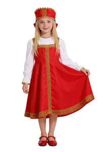 Russisches traditionelles Volkskostüm für Mädchen, rotes Sarafan-Kleid und weiße Bluse.