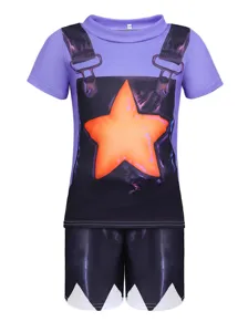 Kids cosplay short sleeve and shorts set, purple top with large orange star print.
