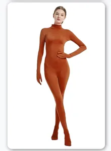 Full body view of a solid color tight zentai bodysuit, featuring long sleeves and attached feet.