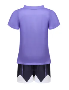 Kids cosplay short sleeve purple top and dark shorts set with white hem details for party.