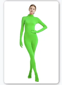 Close up detail of green spandex zentai bodysuit with integrated gloves and feet.