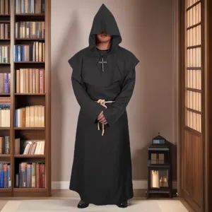 Medieval Monk Robe Cosplay Costume Halloween Priest Wizard Outfit Hooded Cloak With Belt And Cross Necklace