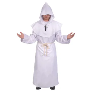Medieval monk robe costume for men, white hooded friar priest cosplay outfit with cross.