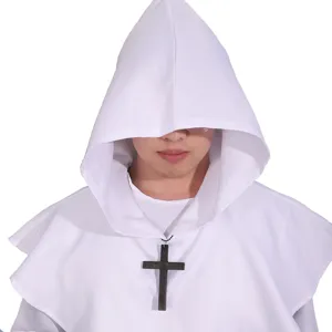 Medieval monk priest cosplay costume white hooded robe with cross necklace for men