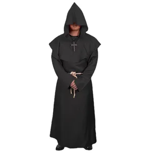 Medieval monk costume Halloween cosplay hooded robe friar cleric wizard outfit with cross