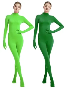 Green full body zentai stretch spandex suit for performance dance Halloween party.