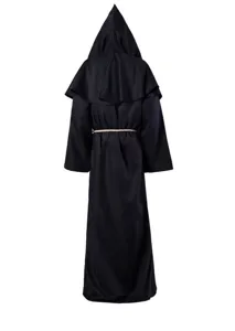 Medieval Black Monk Robe Costume Hooded Friar Priest Cloak for Halloween Cosplay Party