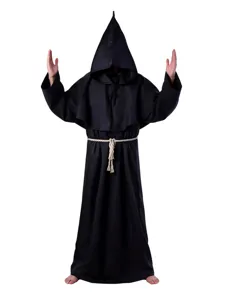 Medieval monk robe costume with pointed hood and rope belt, perfect for Halloween performance.
