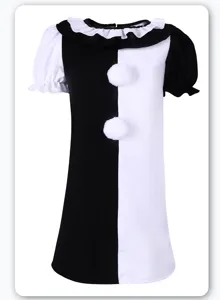 Kids black and white clown cosplay dress detail, featuring fluffy pom poms and ruffles.