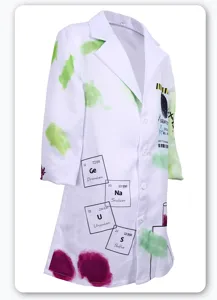 Costume de manteau de laboratoire scientifique fou pour enfants avec imprimés d'éléments.