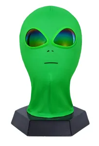 Máscara cabeza alienígena verde disfraz Halloween cosplay fiesta accesorio ojos irisados.
