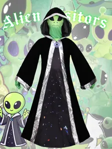 Disfraz de cosplay de extraterrestre bata negra con ribetes plateados y estrellas.