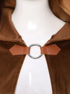 Medieval vintage hooded brown velvet cloak cape with metal ring leather buckle clasp.