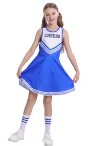 Abito costume cheerleader blu bianco per bambina con calzini per spettacolo festa sport