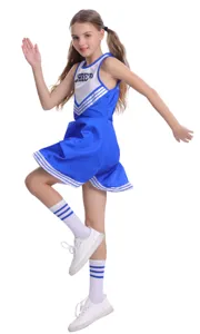 Bambina cheerleader costume vestito blu bianco per spettacolo e festa di carnevale.