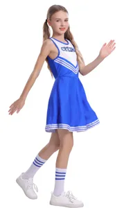 Set completo da cheerleader blu per bambini con vestito e calzini per feste e cosplay.
