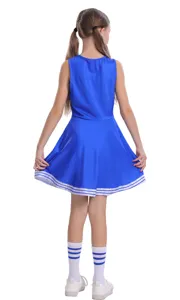 Set costume da cheerleader blu per bambini con calzini a righe bianche per spettacoli.