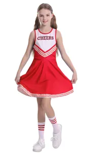 Dettagli del costume da cheerleader per bambini rosso e bianco, ideale per gli spettacoli.
