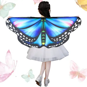 Kids butterfly wings cloak costume, blue fairy shawl cape for Halloween party dress up main view.