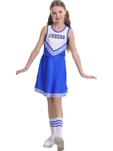 Set costume da cheerleader per bambini abito blu bianco top senza maniche gonna spettacolo