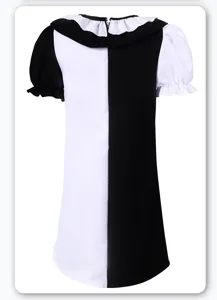 Kids black white split color cosplay costume dress with ruffled collar and puff sleeves.