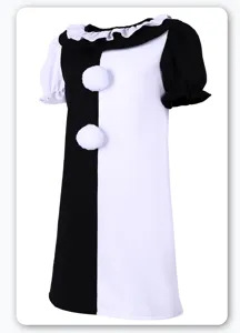 Children's black and white split clown cosplay dress with ruffles and pom-pom details.