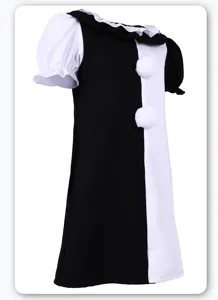 Kids black and white clown costume dress with pom poms for Halloween party cosplay performance.