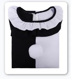 Kids clown cosplay jumpsuit black white harlequin costume with ruffled collar and pom-pom