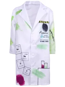 Costume de scientifique fou pour enfants blouse blanche avec motifs de chimie pour Halloween.