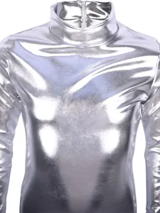 Enfants metallique argente manches longues col monte bodysuit cosplay costume spectacle