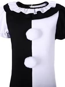 Kids black white clown cosplay costume harlequin dress with pom poms for Halloween party.
