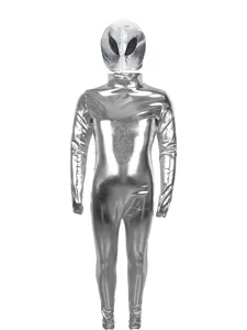 Ασημένια γυαλιστερή παιδική στολή cosplay εξωγήινου με μάσκα για αποκριάτικο πάρτι.